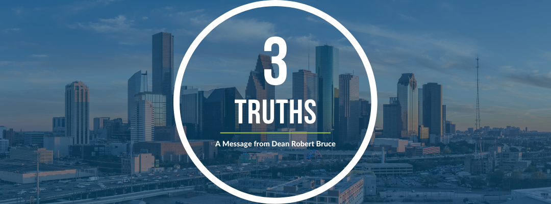 Three Truths graphic featuring the Downtown Houston Skyline
