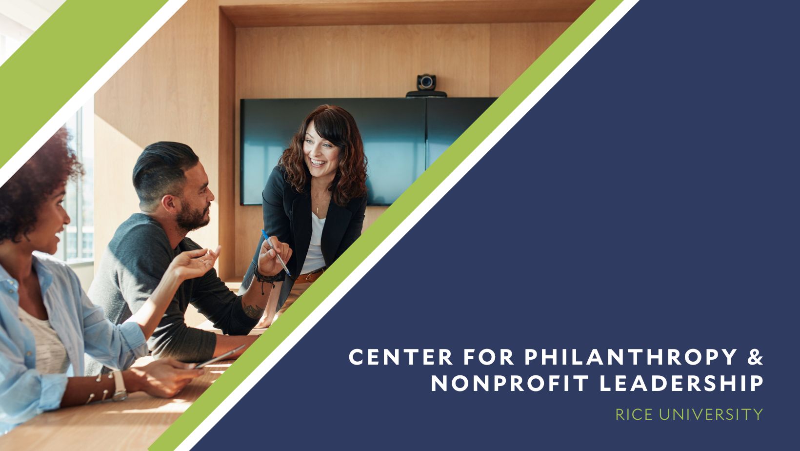 Professionals working together,  right-aligned text of "Center for Philanthropy & Nonprofit Leadership Rice University"