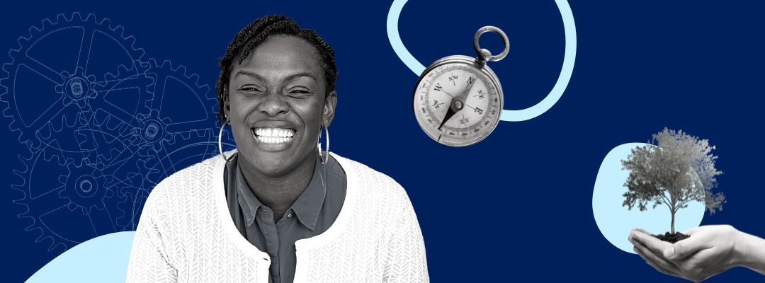 Student feature of Tosin Akande with compass and growing tree