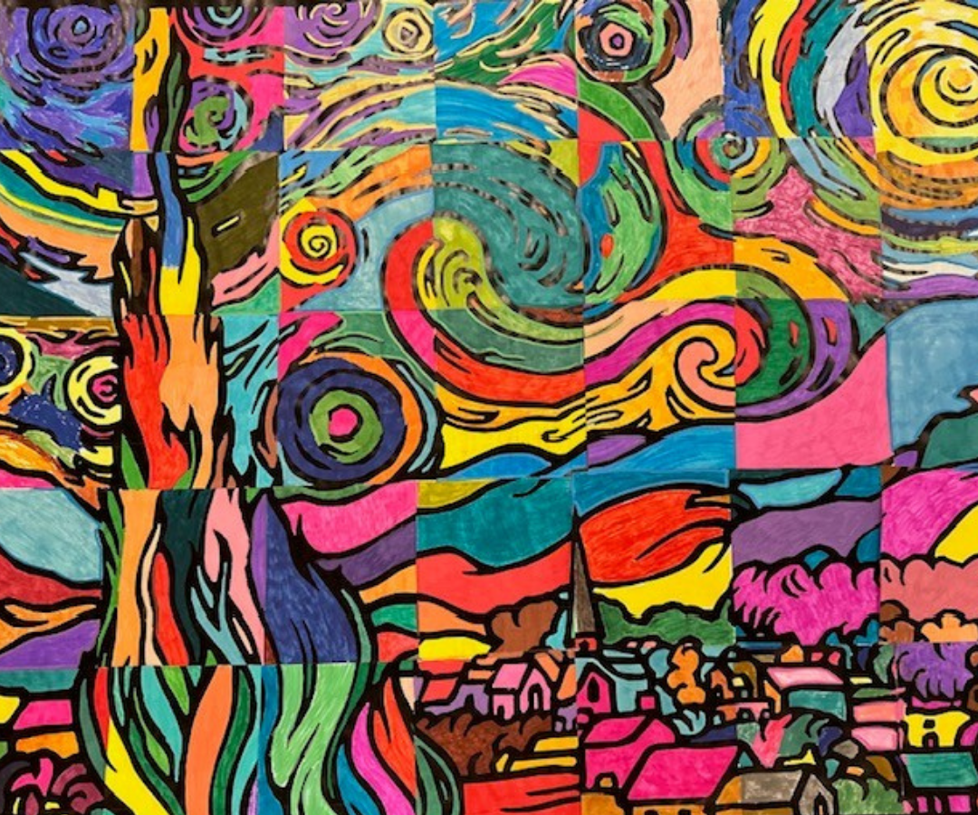 A completed mural inspired by Van Gogh's "The Starry Night."