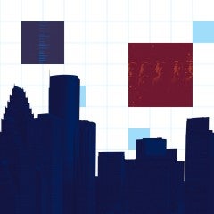Graphic depicting Houston skyline with digital graphs